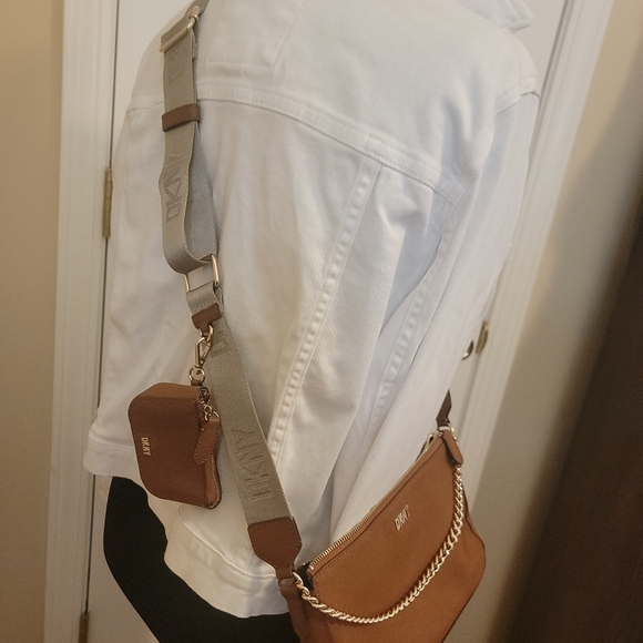 DKNY Brown Vegan Leather  Crossbody with Coin Purse with DKNY Guitar Strap - Picture 4 of 13